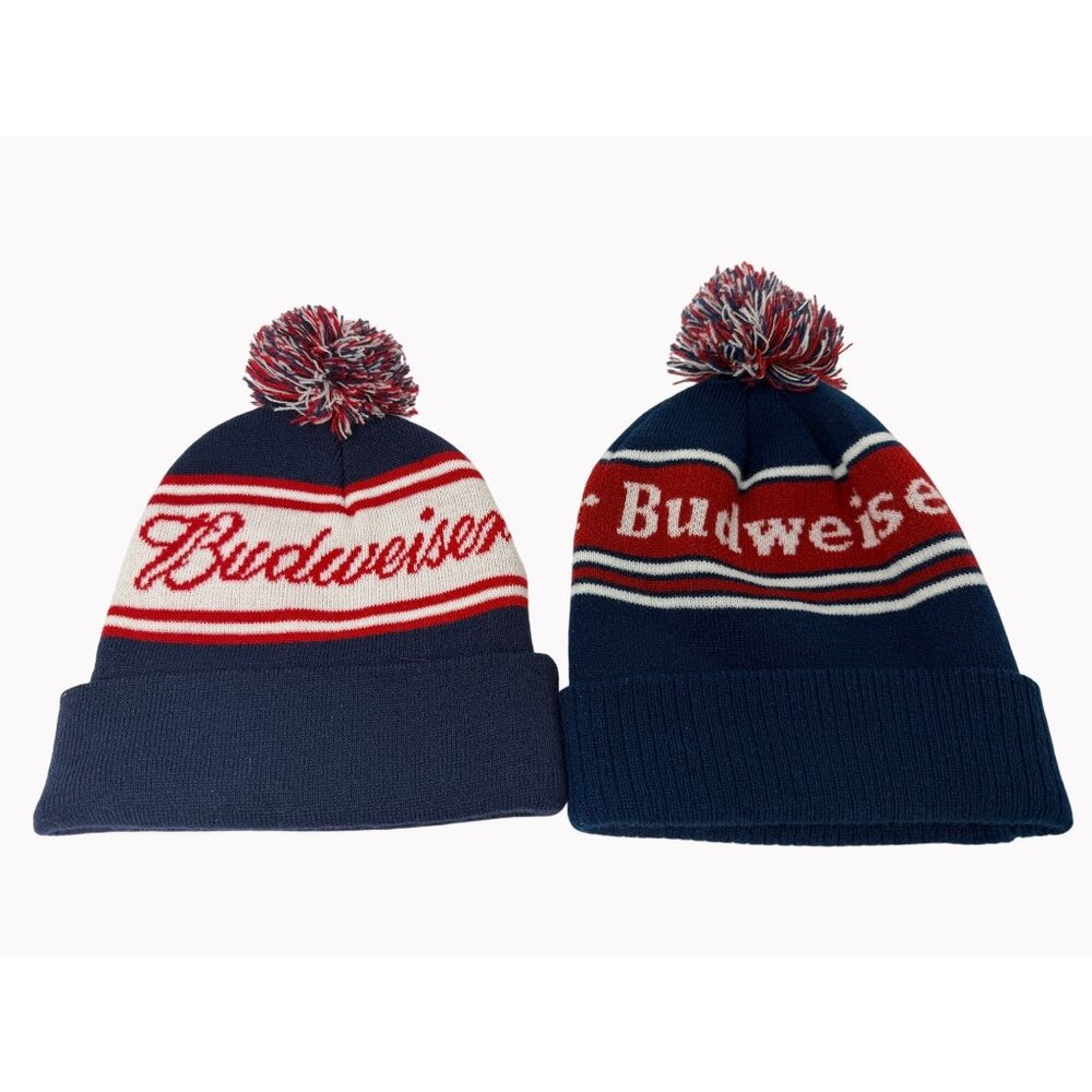 Budweiser Knit Pom Beanies Set Of 2 Red White & Blue Winter Hats One Size